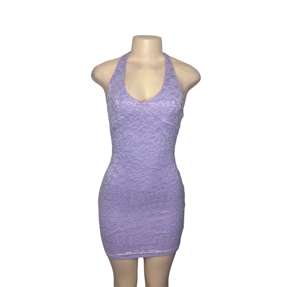 Lilac Lace Halter Bodycon Mini Dress